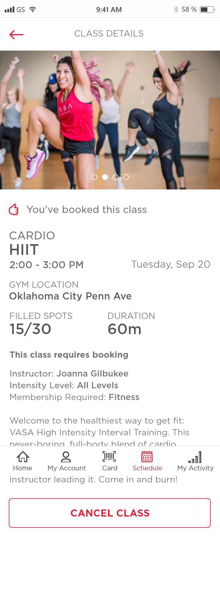 Class detail and booking